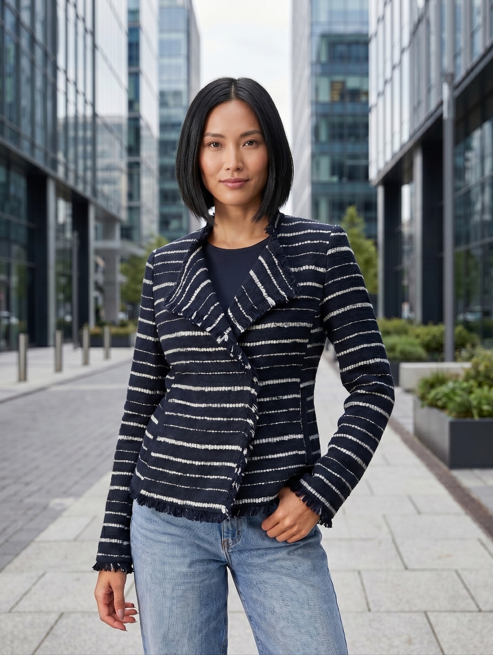 Mango Boucle Textured Stripe Jacket in Black and White, XS